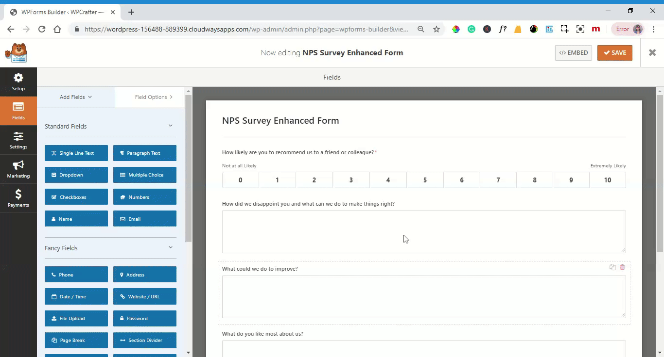 example of NPS survey enhanced form