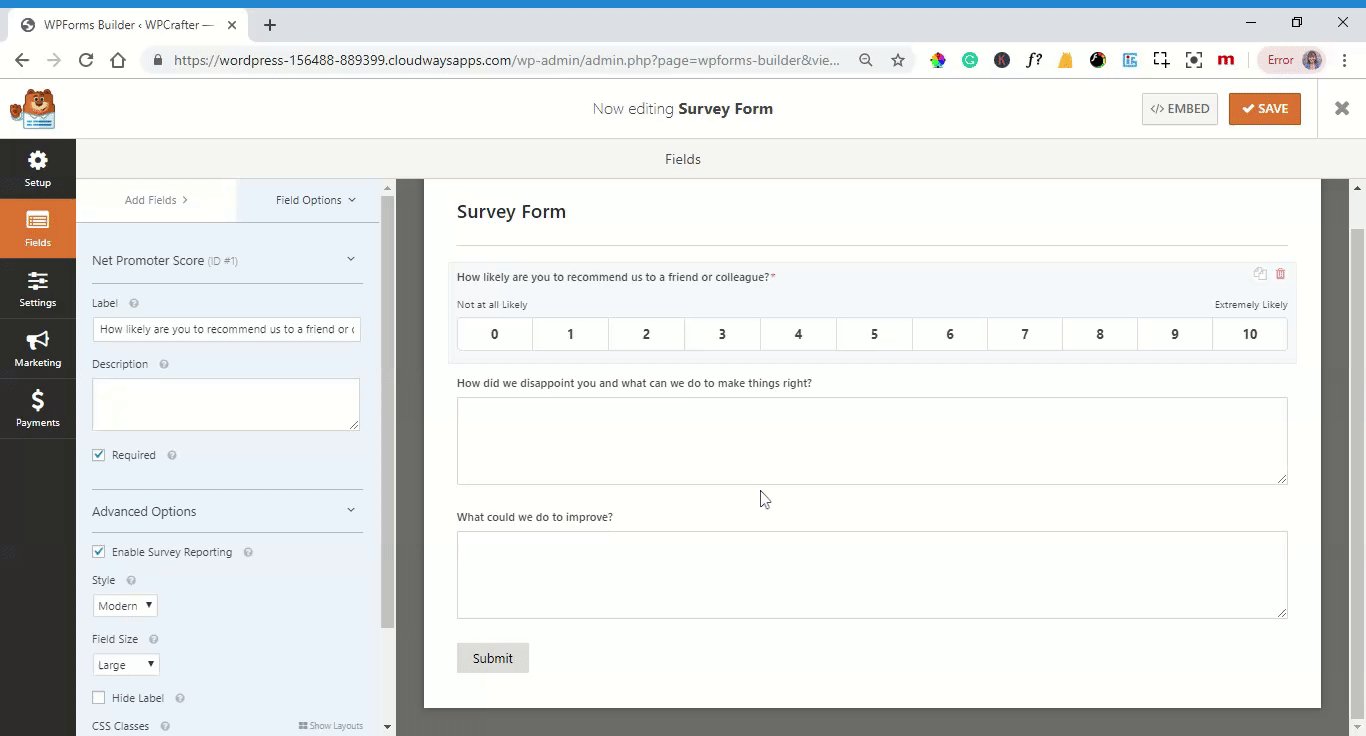 example of NPS survey simple form
