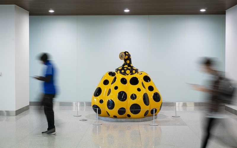 Large human-sized yellow pumpkin with black polka dots in a hallway with two blurry people in motion next to it.