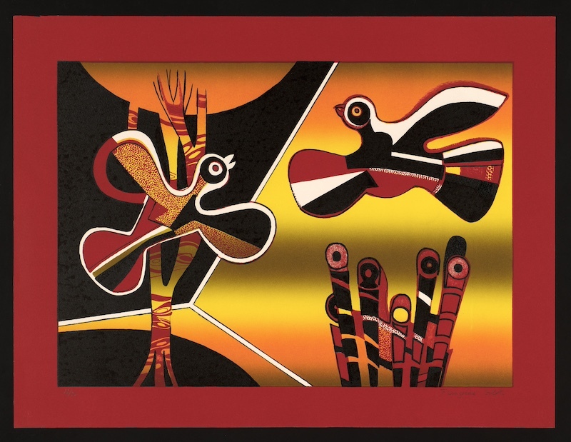 red framed artwork of two abstracted, geometric birds flying over an abstracted bush with long tubular shapes