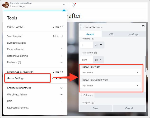 global settings - default row width and default row content width