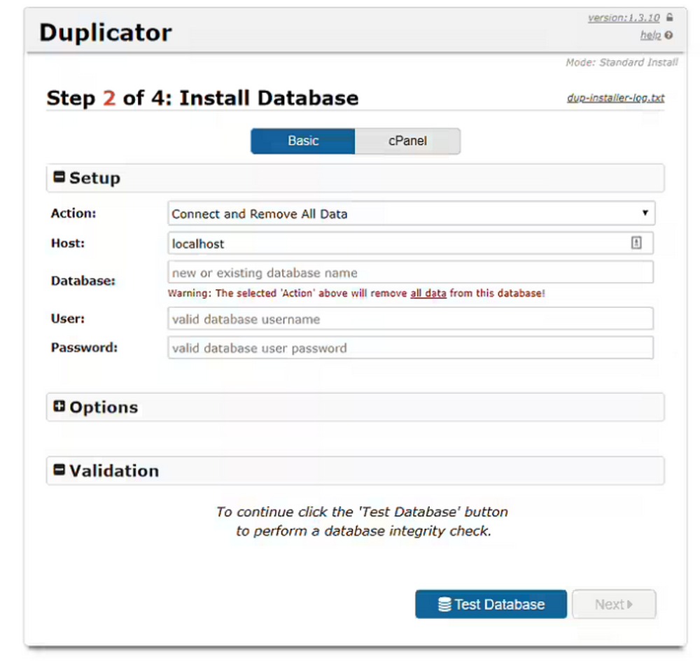 install database
