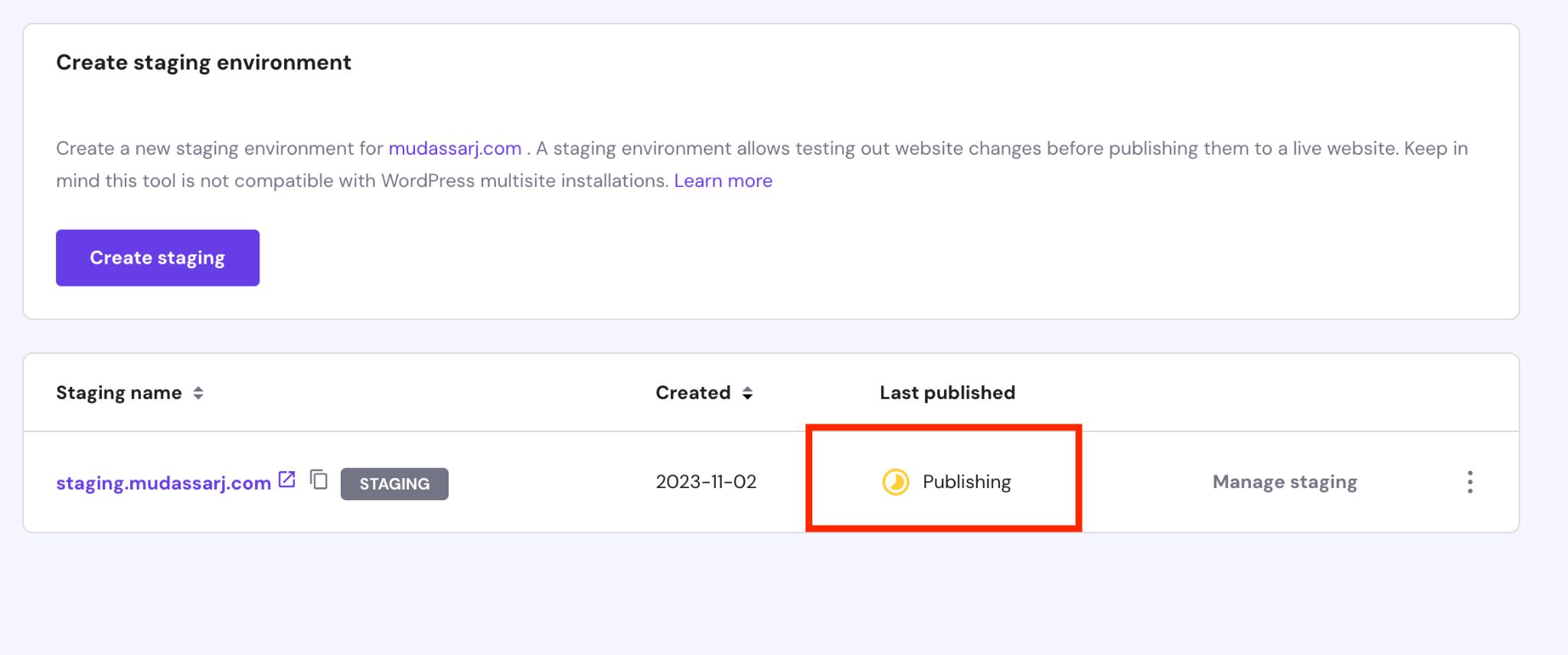publish staging site progress indicator