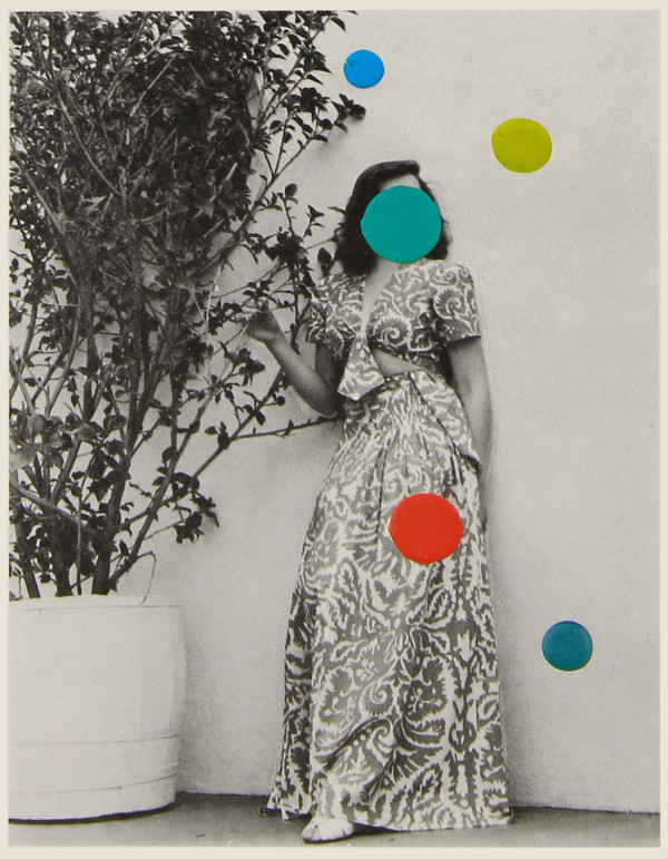 untitled (woman in patterned dress standing next to potted tree) by Robert Larkin