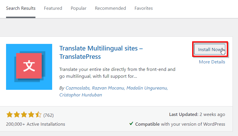 Click Install Now for TranslatePress