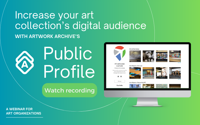 Increase your art collection's digital audience with Artwork Archive's Public Profile written next to a laptop with a website on its screen displaying a grid of artworks