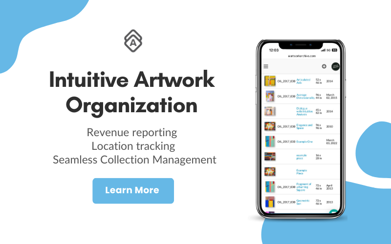 Cell phone with a list of artwork thumbnails and artwork details next to Intuitive Artwork Organization and Learn More button