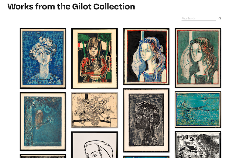 grid of artworks with black frames with Works from the Gilot Collection written in black bold text above