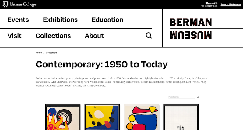 Ursinus College website with Contemporary: 1950 to Today written in black bold text and copy below, and geometric colorful works in a grid at the bottom of the page