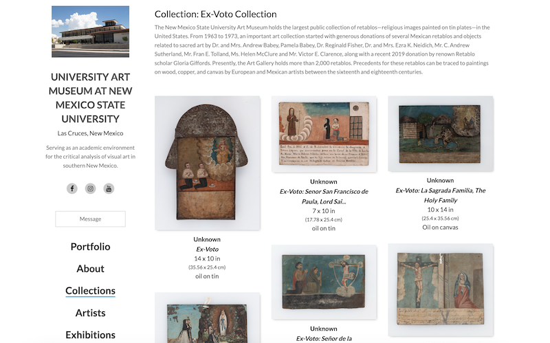 webpage with Ex-Voto Collection description at the top and a grid of old artworks with depictions of saints