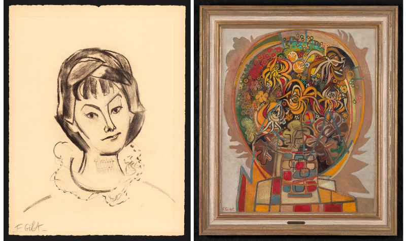 two works of art side by side. on the left is a charcoal sketch of a woman with angular shapes. on the right is an abstract work with dark muted colors and shapes in a large circular shape 