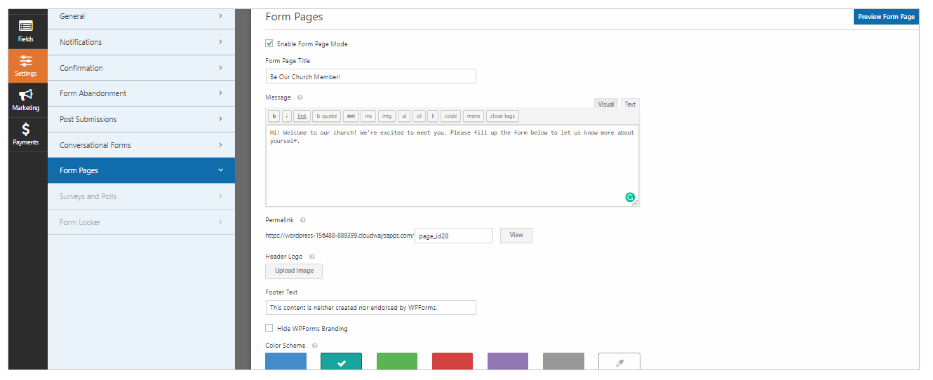form page settings