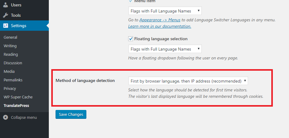 TranslatePress language detection settings