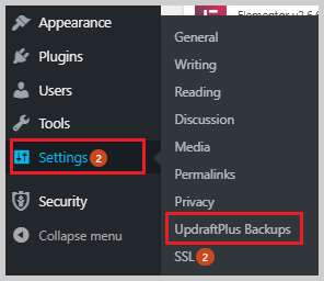 updraftplus backups in settings